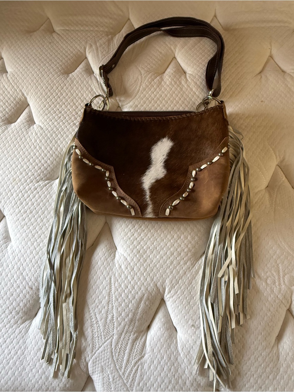 Brown and White Cowhide Fringe Shoulder Bag